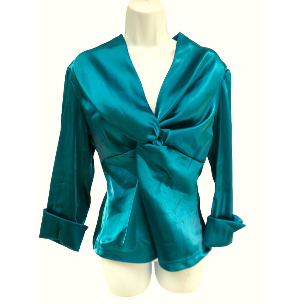Vintage Y2K Jackie Jon New York Teal Liquid Satin Blouse Twisted Bust Back Zip